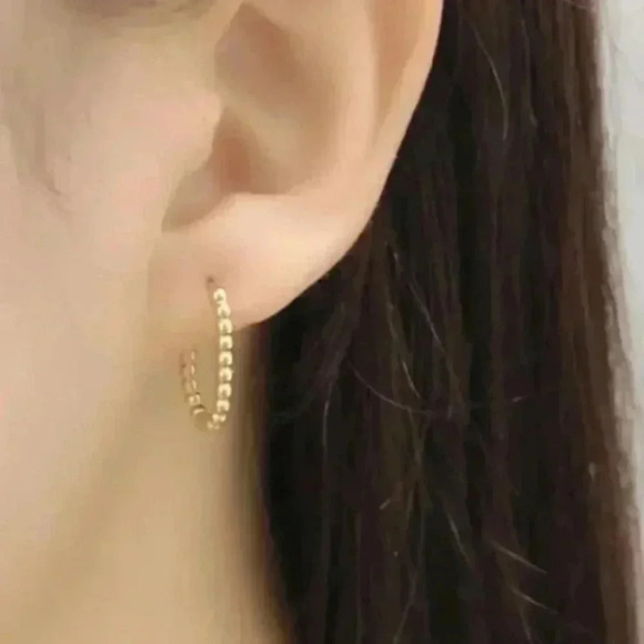 Gold Beaded Oval Hoop Earrings Sterling Silver - Picture 3 of 3